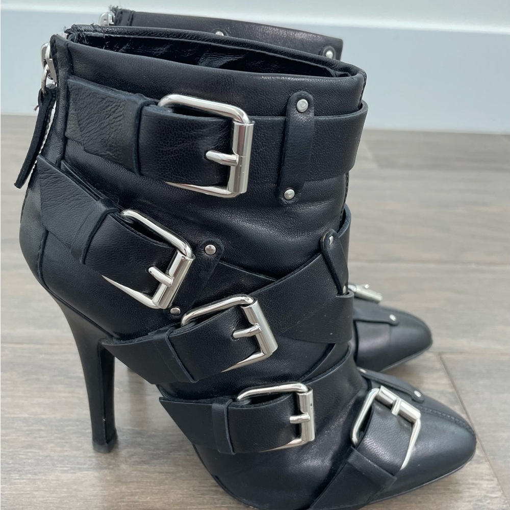 Balmain Black Heeled Booties with Silver Buckles